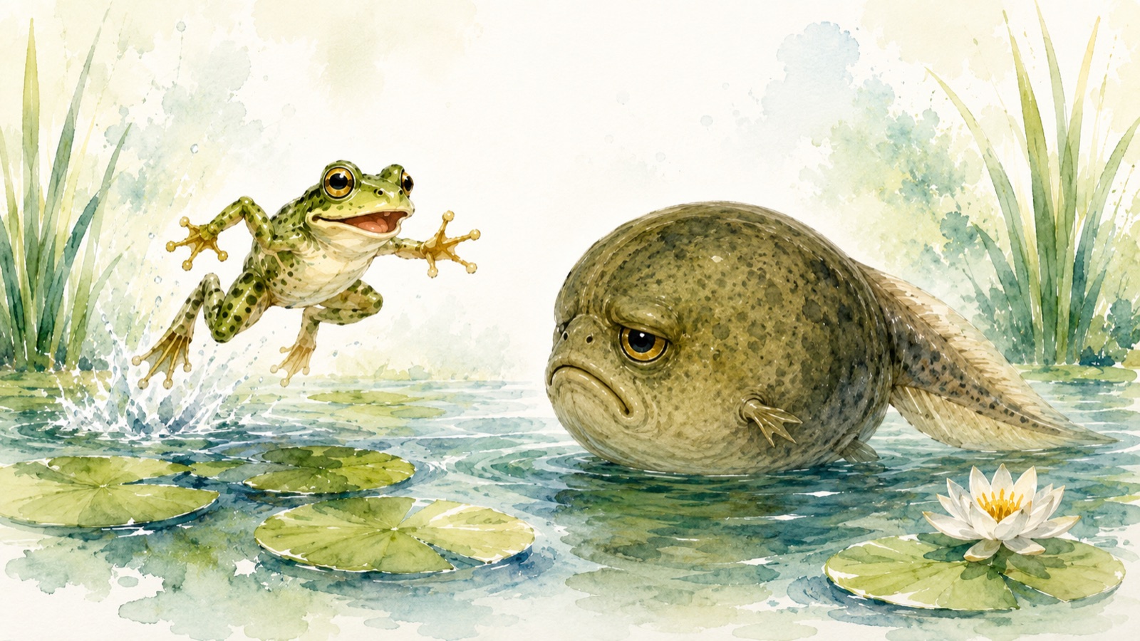 A watercolour of a small green frog leaping from a lily pad while a huge, bloated, glum tadpole stays stuck in the water beside it.