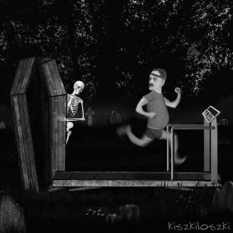 An animation of a man fleeing on a treadmill in a graveyard while a skeleton rises from a coffin behind him.