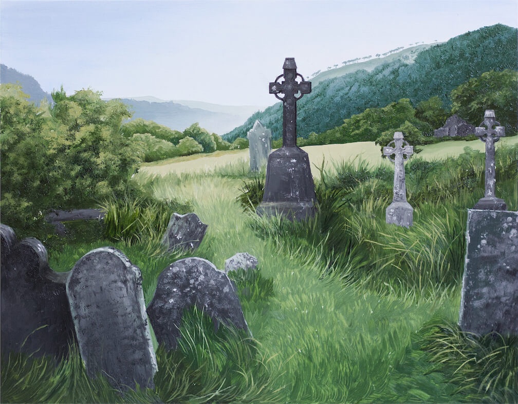 'The Cemetery at Glendalough', a 2022 painting by Courtney Hopkins: weathered gravestones under a wide, muted sky.
