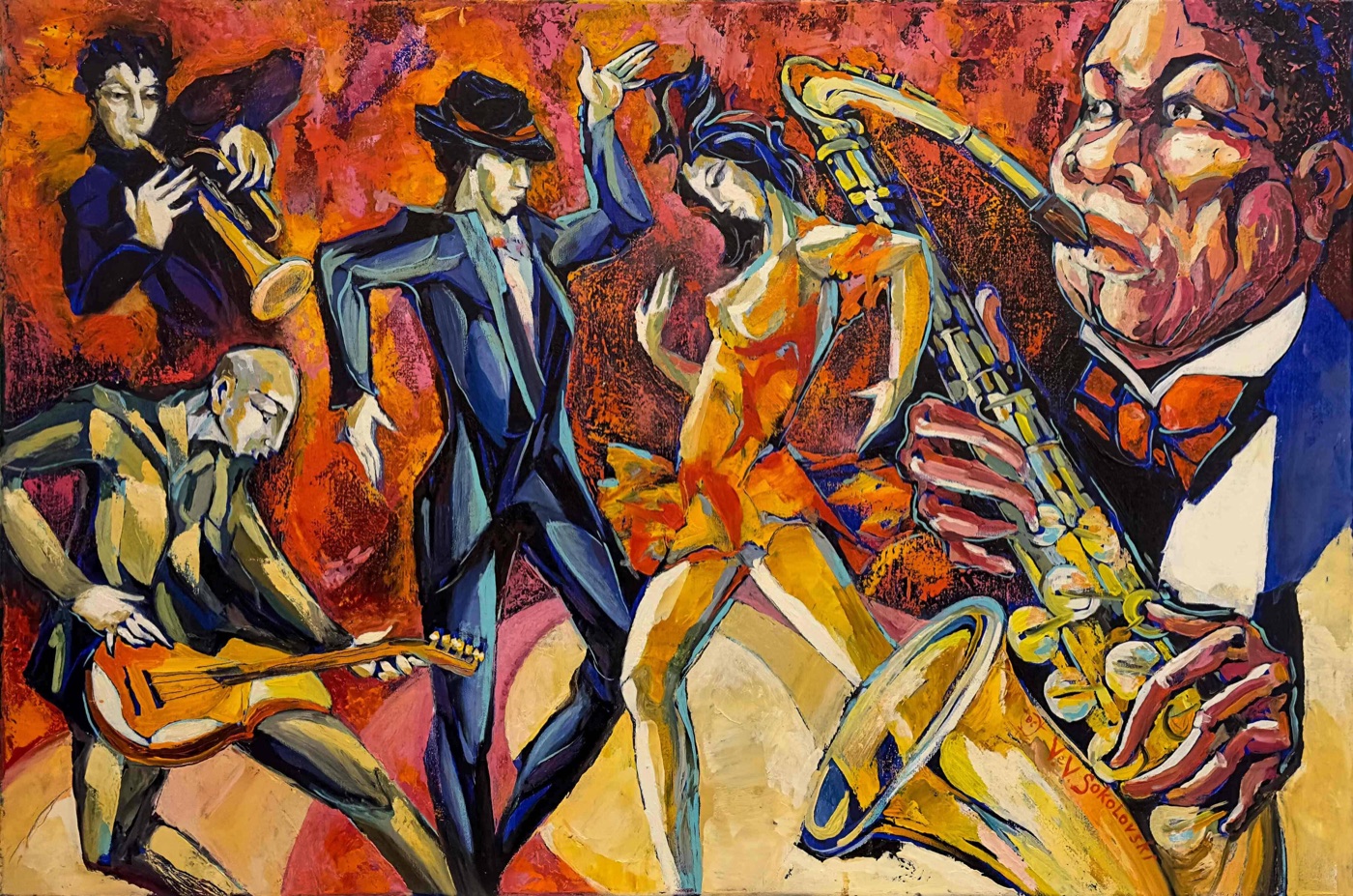 'Vancouver Jazz', a 2019 painting by Valeri Sokolovski: an expressive, colourful scene of jazz musicians playing together.