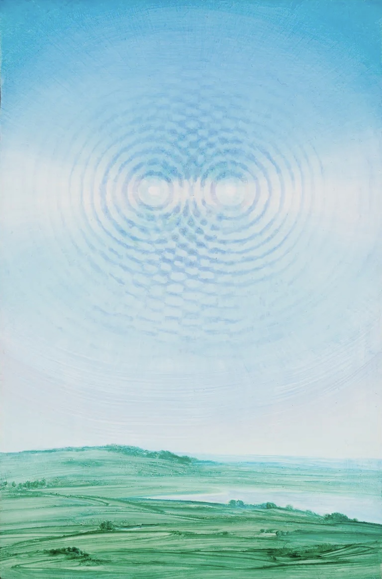 'Transference' by Angela Lane, 2025: two overlapping wave-interference patterns forming in the sky above rolling green hills.