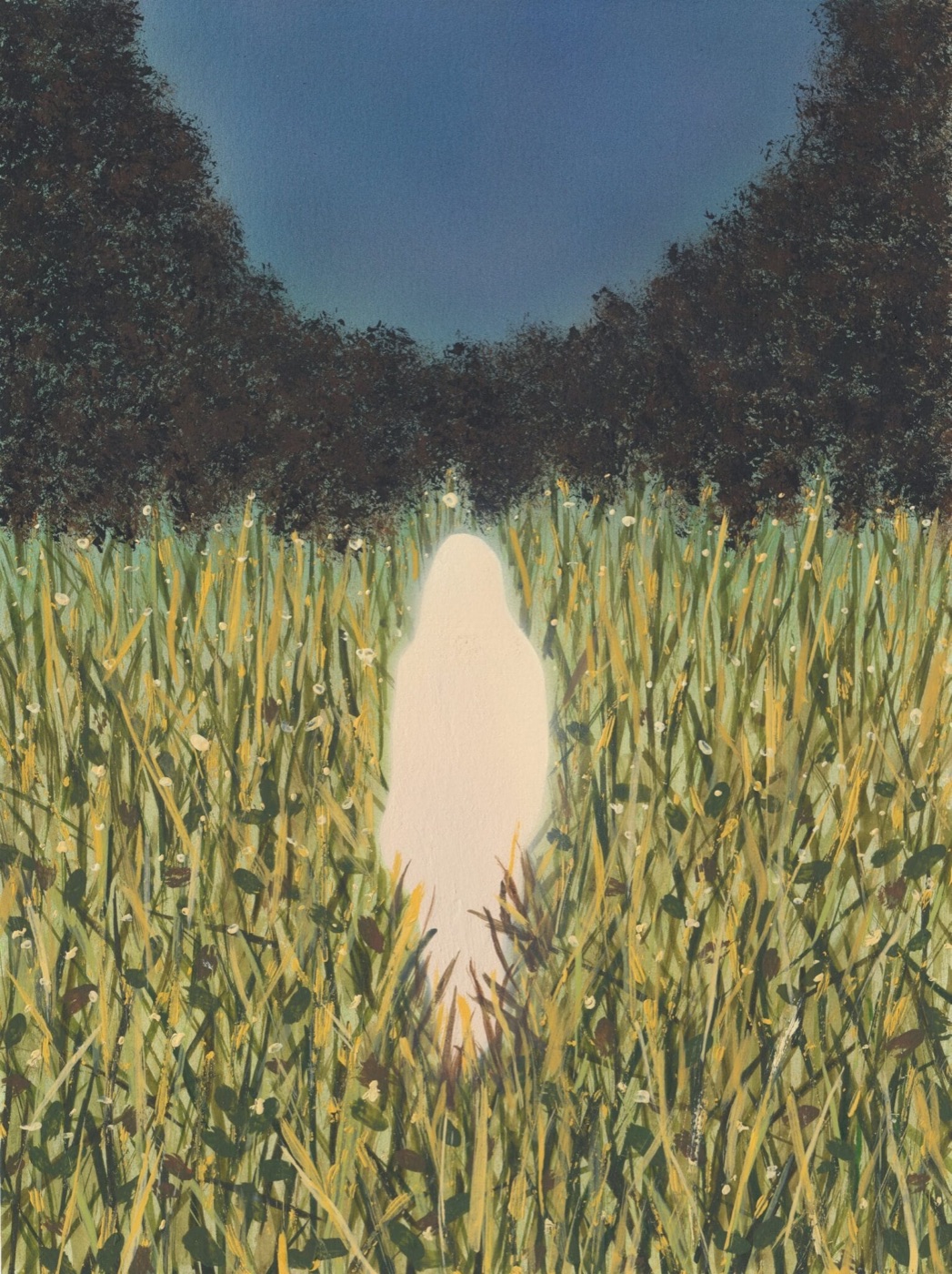 'Untitled', a 2022 painting by Sung Hwa Kim: a luminous, unformed white figure standing in a tall meadow at dusk.