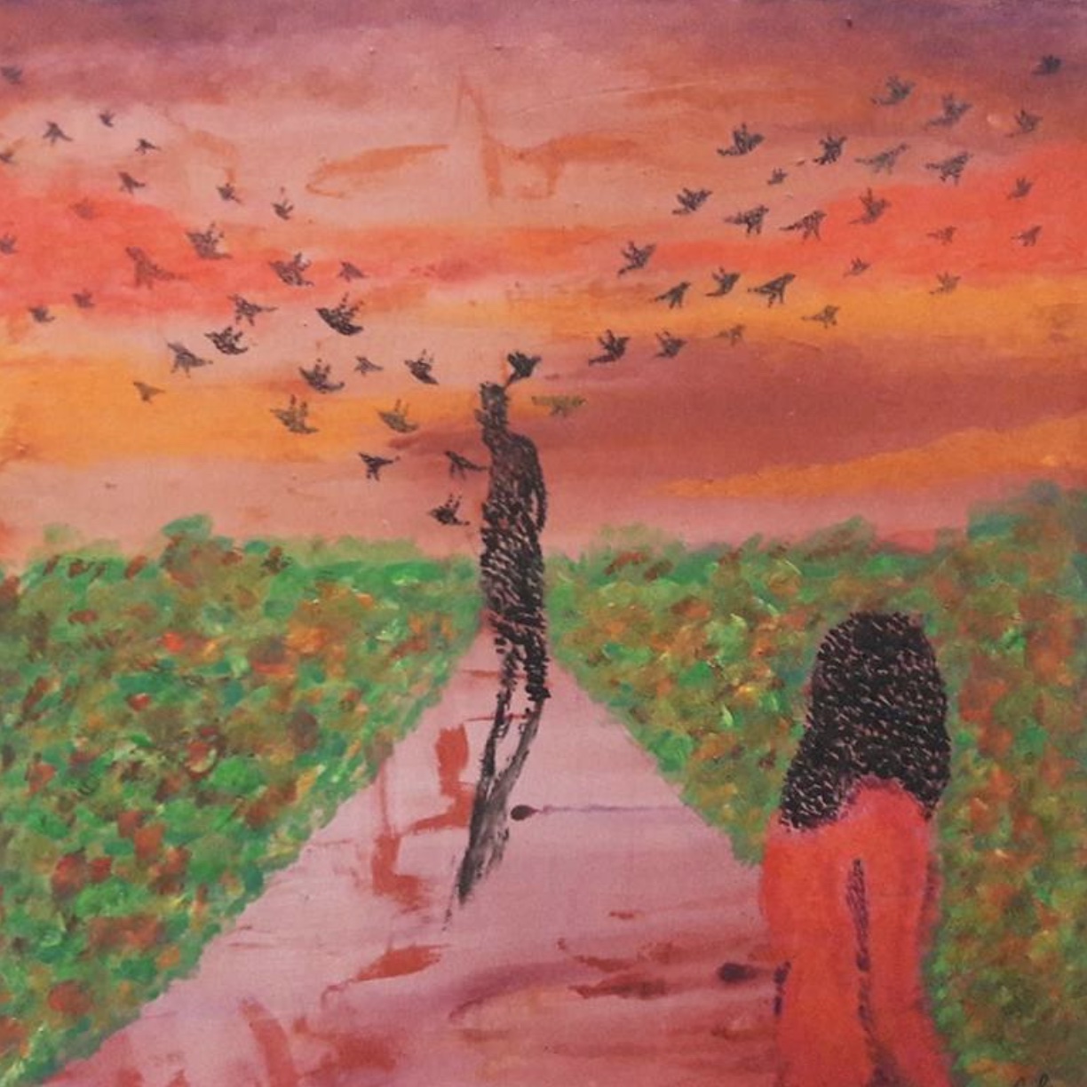 'Goodbye I Left' by Giovanni Rios Castro: a figure on a sunset path dissolving into a flock of departing birds.