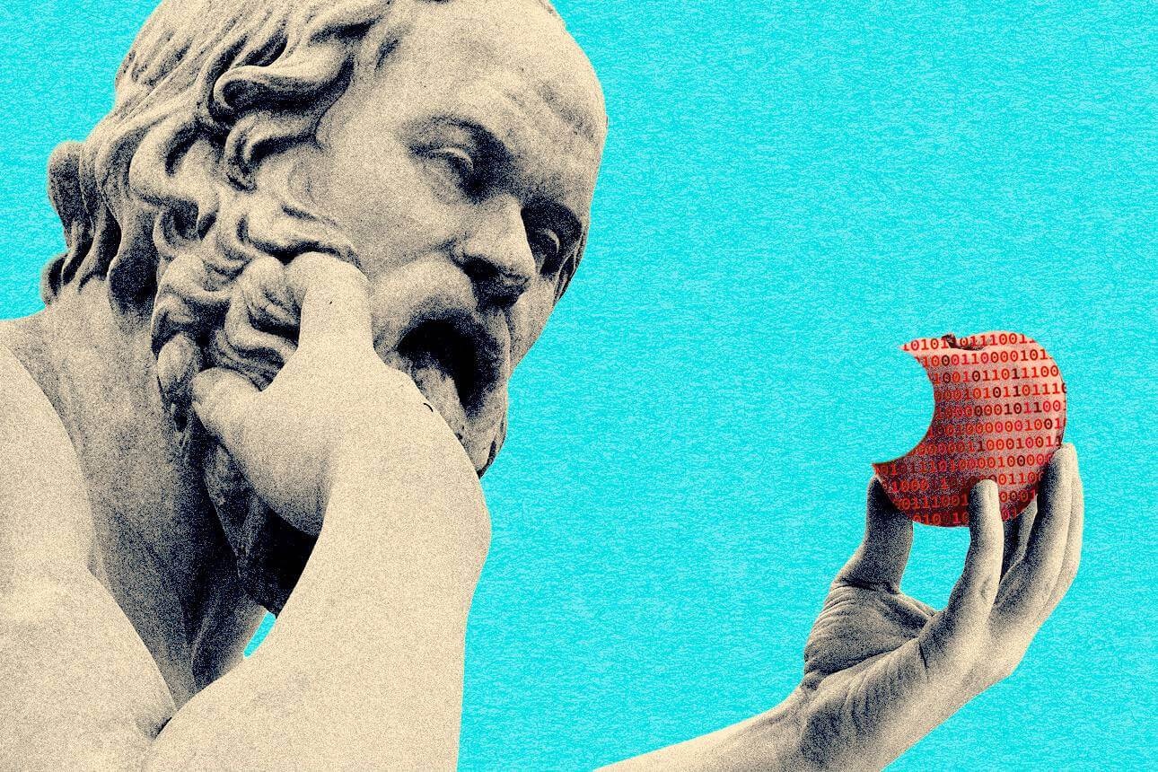 A marble bust of Socrates studying an apple made of red binary code, on a bright cyan background.
