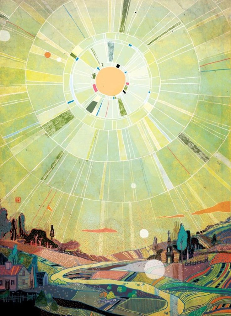 'The Day' by Victo Ngai (2012): a radiant sun over a colourful patchwork landscape.