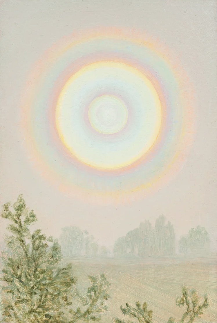 'Aura' by Angela Lane, 2022: a luminous, multicoloured halo suspended above a misty field.
