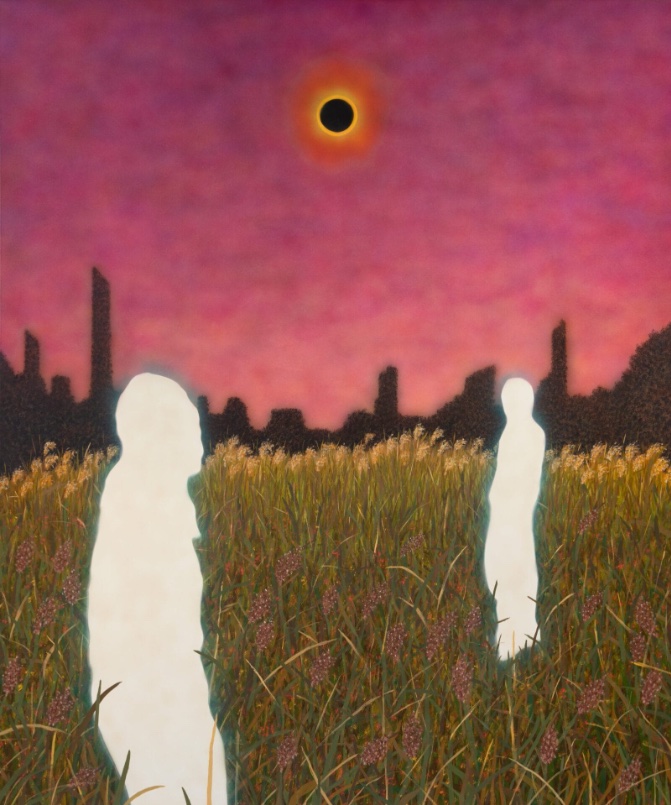 'Your sun is my moon, my moon is your sun' by Sung Hwa Kim, 2022: a luminous figure beneath a shared sky.